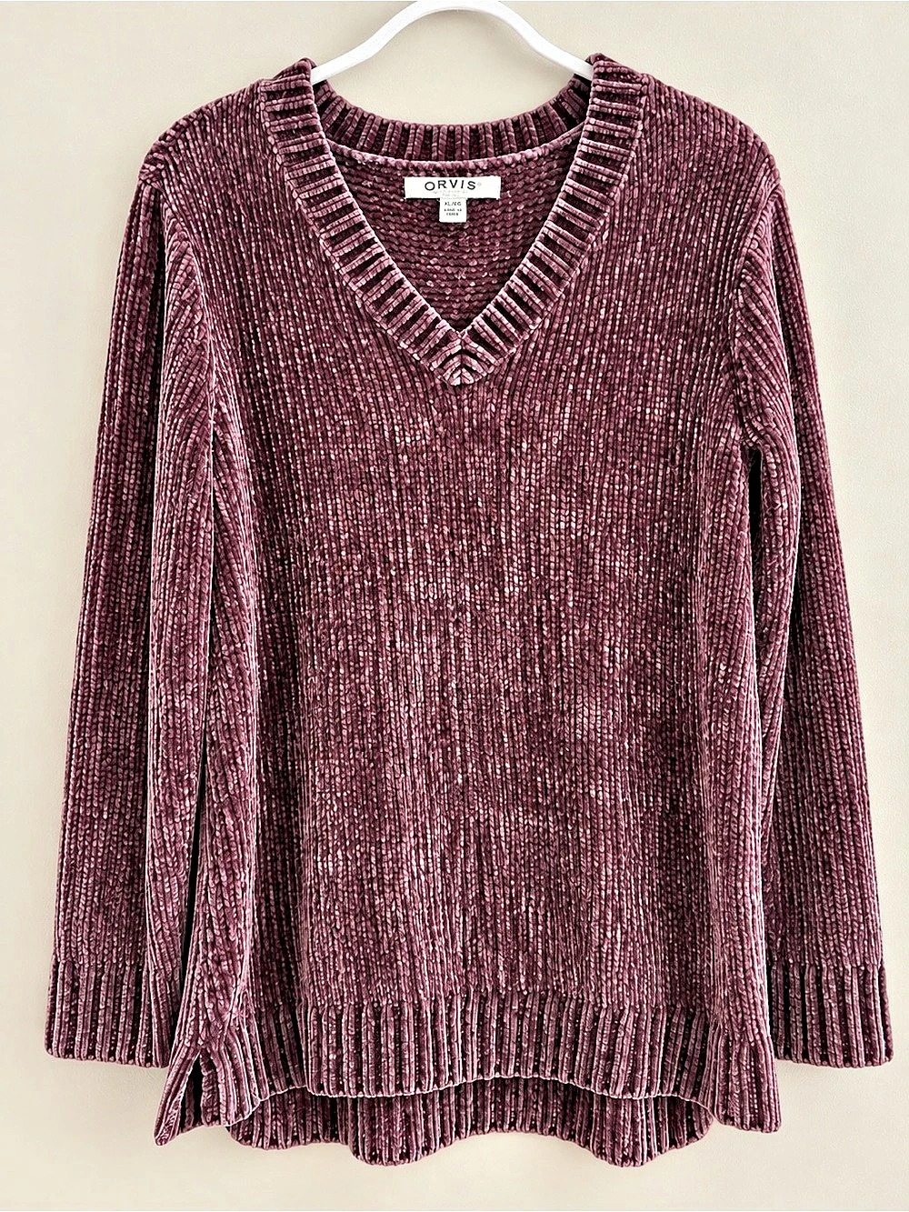 Orvis Women’s XL Chenille V-Neck Sweater Mauve Plum Soft Cozy Pullover